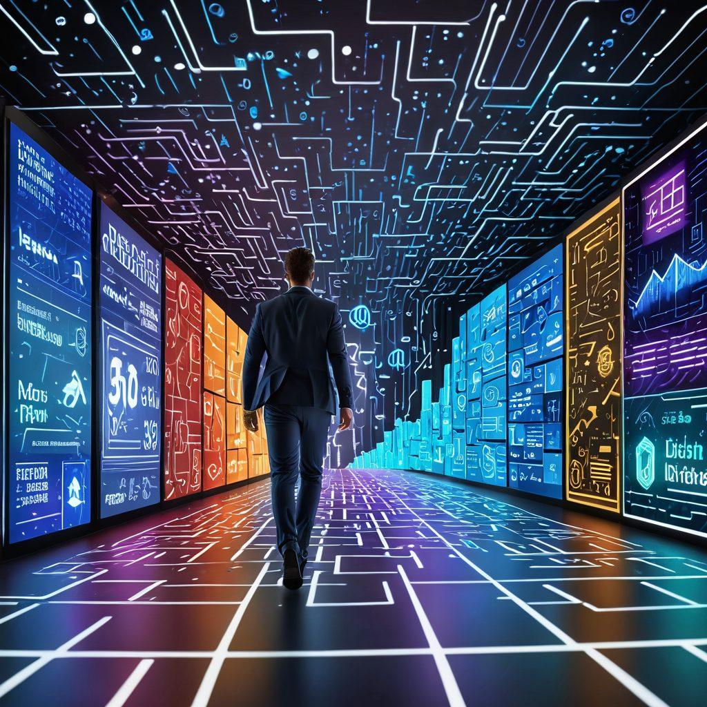 A confident individual navigating through a maze of credit scores displayed on floating digital screens, with arrows pointing upwards symbolizing improvement. Incorporate elements like a calculator, financial charts, and glowing pathways leading to a stable foundation. Bright colors to convey optimism and clarity. super-realistic. vibrant colors. 3D.