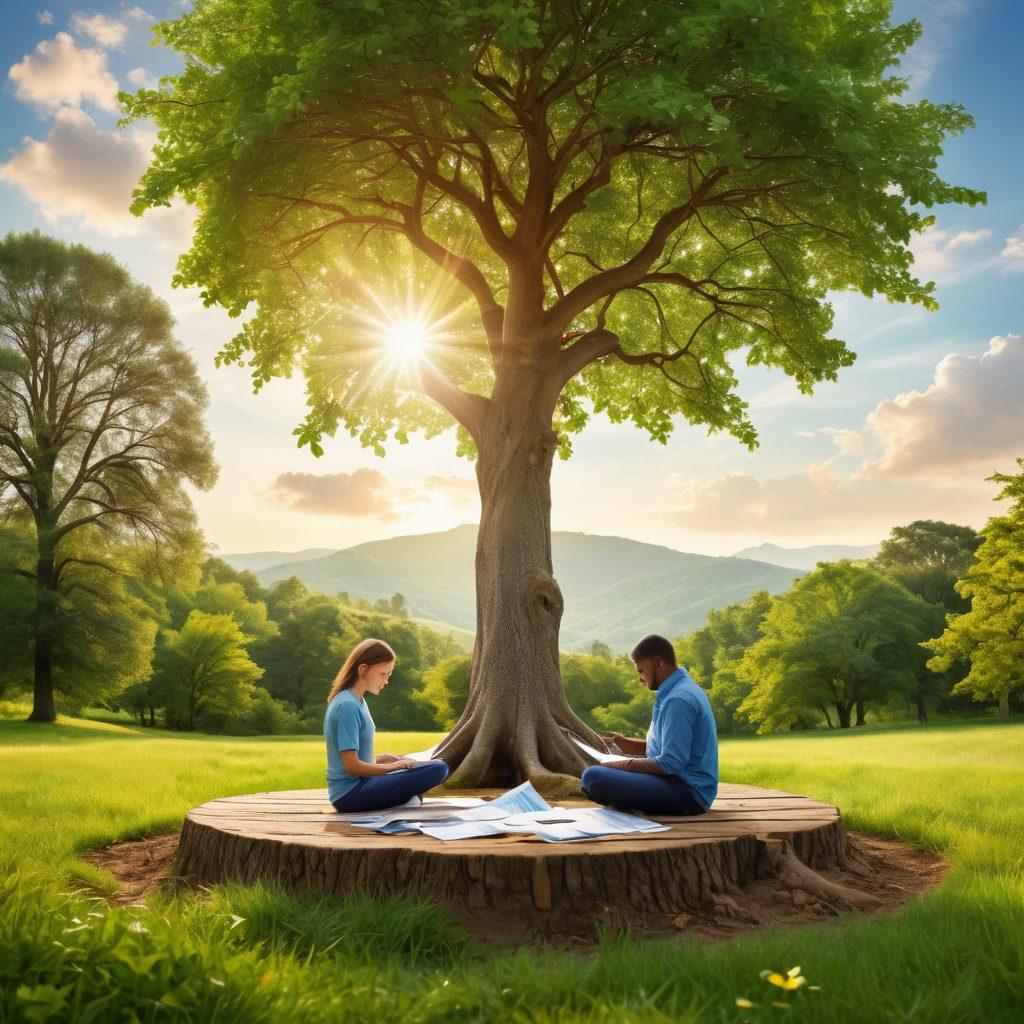 A serene landscape depicting a person thoughtfully analyzing financial documents under a lush tree, with visual elements of insurance symbols (like a shield) and credit cards seamlessly blending into the environment. Include a sunny sky to symbolize optimism and growth, and add a visual representation of a balancing scale to signify the merger of insurance coverage and credit solutions. vibrant colors. super-realistic.