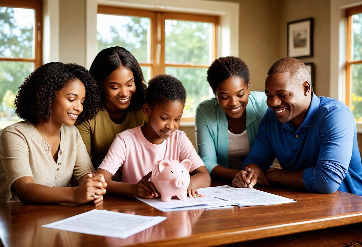 A warm and inviting scene, showcasing a diverse family huddled together around a table reviewing documents, symbolizing trust in insurance and financial management. Behind them, a cozy living room filled with symbols of safety like a small house, a piggy bank, and a shield representing protection. Soft light filters in through a window, enhancing the nurturing atmosphere. super-realistic. warm colors. cozy setting.